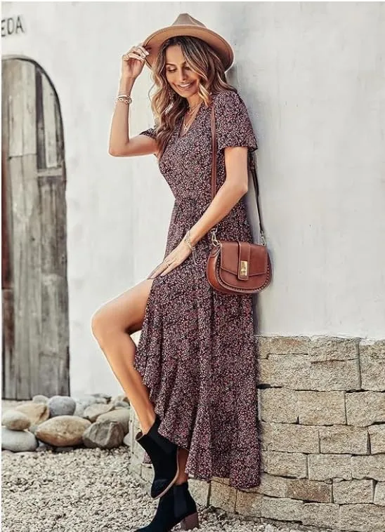 Women's Summer V-Neck Floral Waist Belt Long Skirt Casual Short Sleeved Pleated Hem Split Beach Skirt