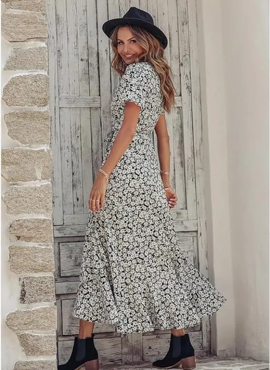 Women's Summer V-Neck Floral Waist Belt Long Skirt Casual Short Sleeved Pleated Hem Split Beach Skirt