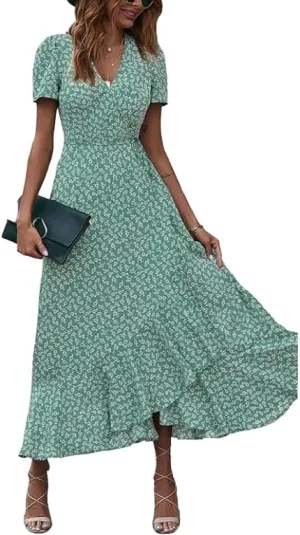 Women's Summer V-Neck Floral Waist Belt Long Skirt Casual Short Sleeved Pleated Hem Split Beach Skirt
