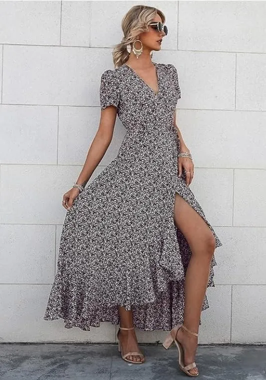 Women's Summer V-Neck Floral Waist Belt Long Skirt Casual Short Sleeved Pleated Hem Split Beach Skirt
