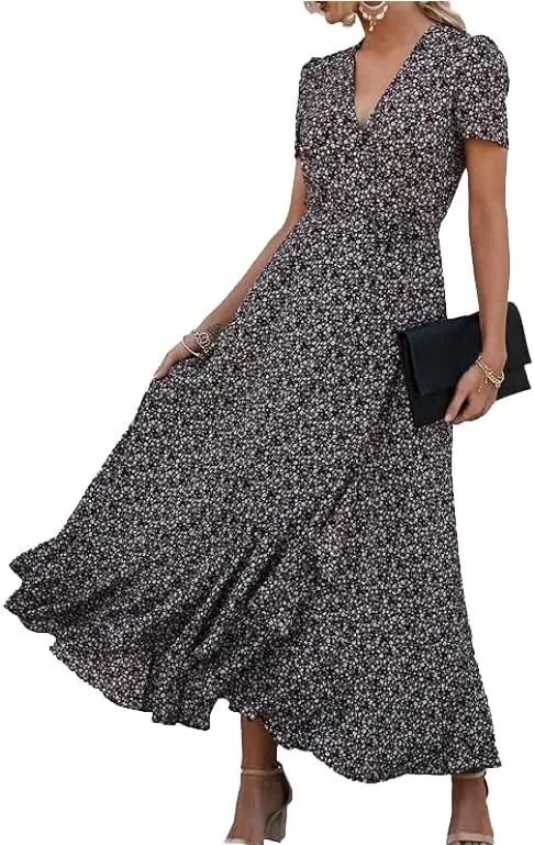 Women's Summer V-Neck Floral Waist Belt Long Skirt Casual Short Sleeved Pleated Hem Split Beach Skirt