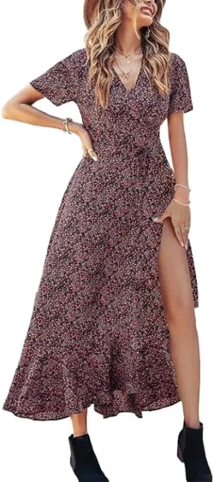Women's Summer V-Neck Floral Waist Belt Long Skirt Casual Short Sleeved Pleated Hem Split Beach Skirt