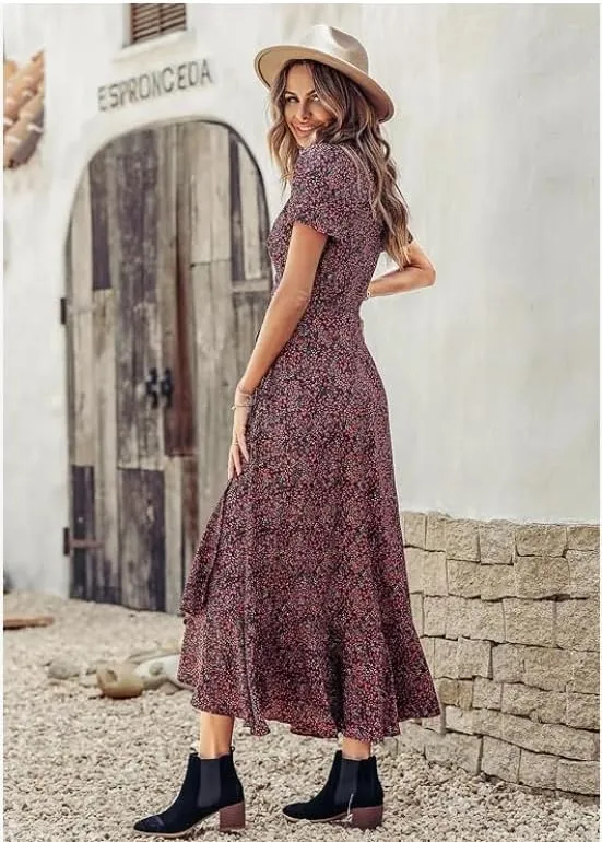 Women's Summer V-Neck Floral Waist Belt Long Skirt Casual Short Sleeved Pleated Hem Split Beach Skirt