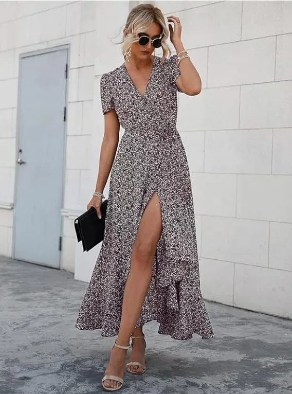 Women's Summer V-Neck Floral Waist Belt Long Skirt Casual Short Sleeved Pleated Hem Split Beach Skirt