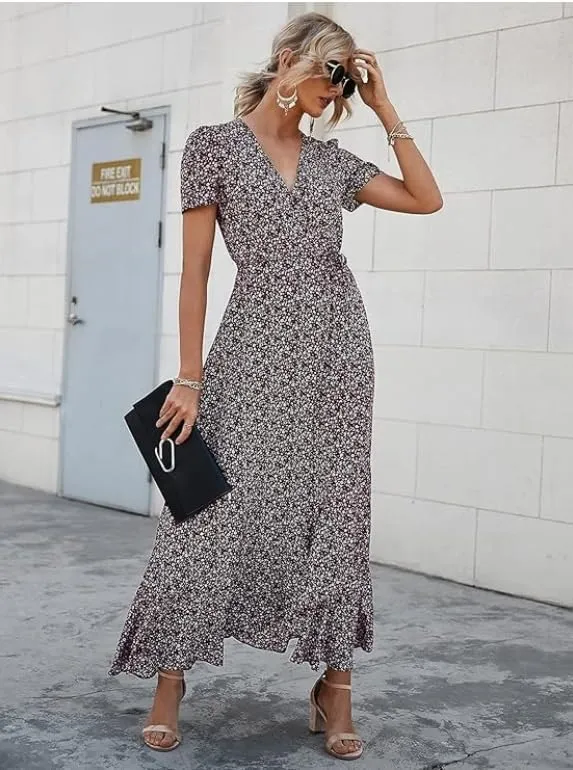 Women's Summer V-Neck Floral Waist Belt Long Skirt Casual Short Sleeved Pleated Hem Split Beach Skirt