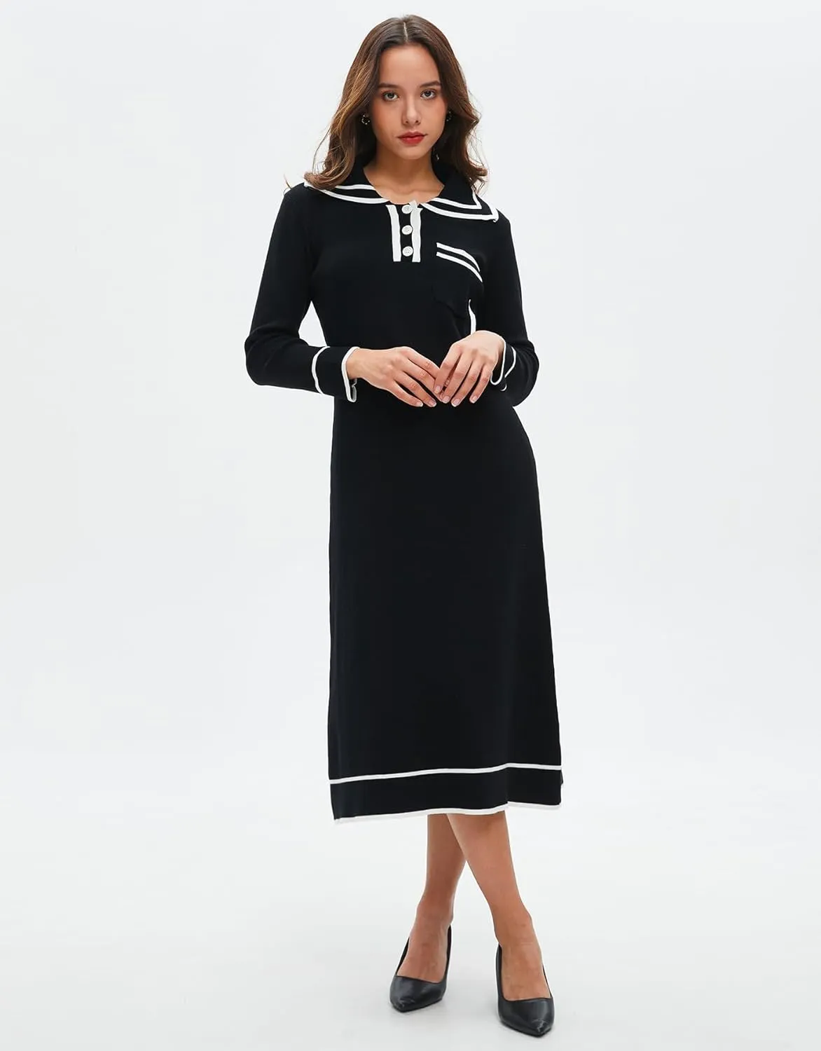 Women's Sweater Maxi Dress Long Sleeve Collared Relaxed Fit Fall Sweater Dress Elegant Party Dress