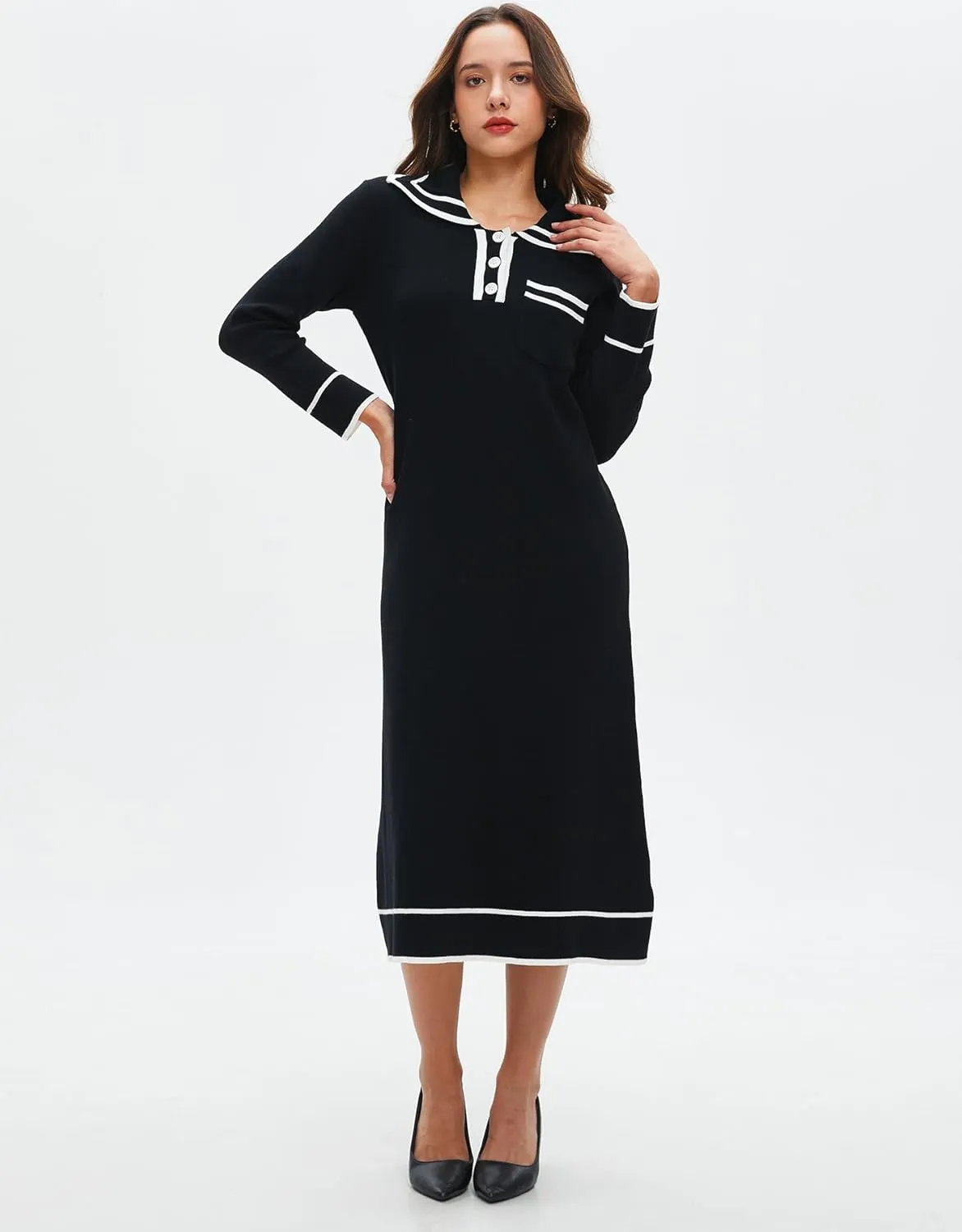 Women's Sweater Maxi Dress Long Sleeve Collared Relaxed Fit Fall Sweater Dress Elegant Party Dress