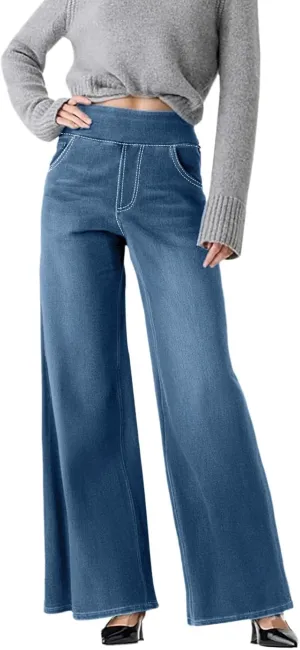Womens Sweatpant Jeans Sweatpants That Look Like Jeans Stretchy High Waisted Wide Leg Denim Pants with Pockets