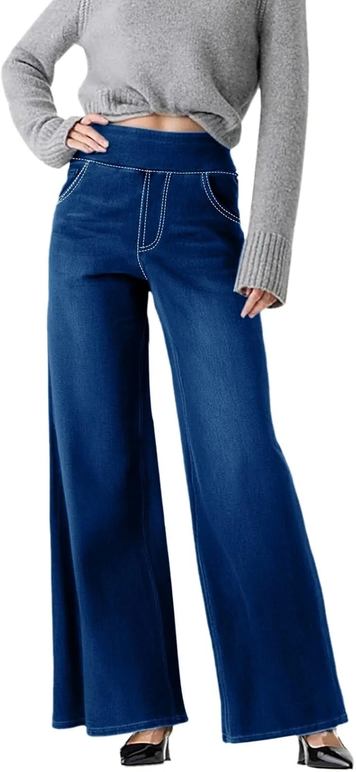 Womens Sweatpant Jeans Sweatpants That Look Like Jeans Stretchy High Waisted Wide Leg Denim Pants with Pockets