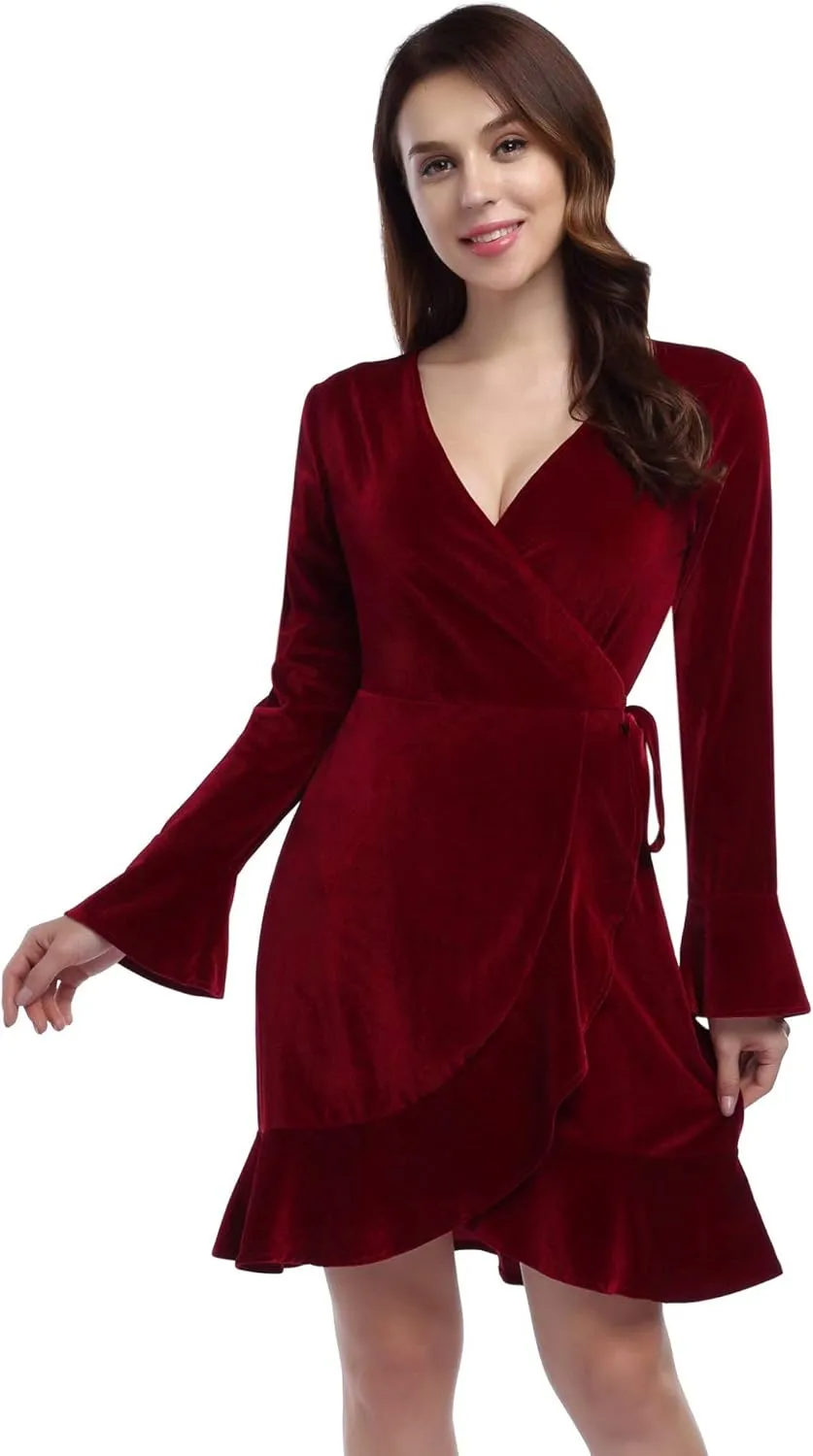 Women's V Neck Velvet Formal Elegant Evening Party Mini Dress