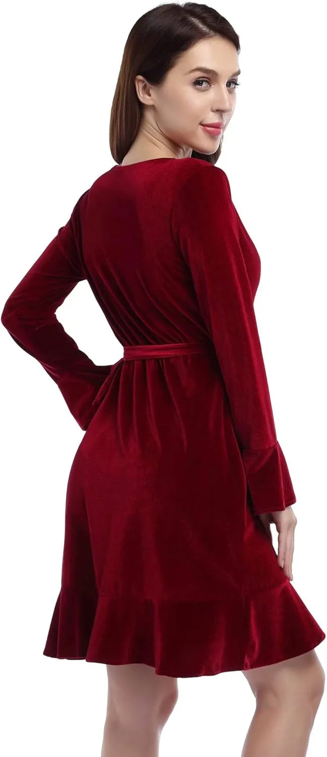 Women's V Neck Velvet Formal Elegant Evening Party Mini Dress