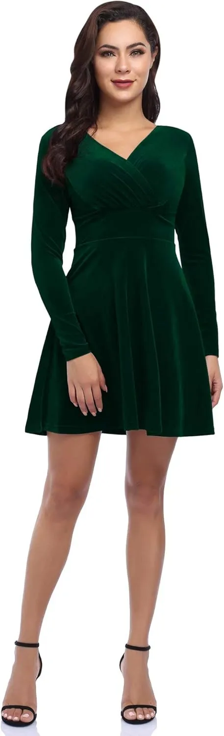 Women's V Neck Velvet Formal Elegant Evening Party Mini Dress
