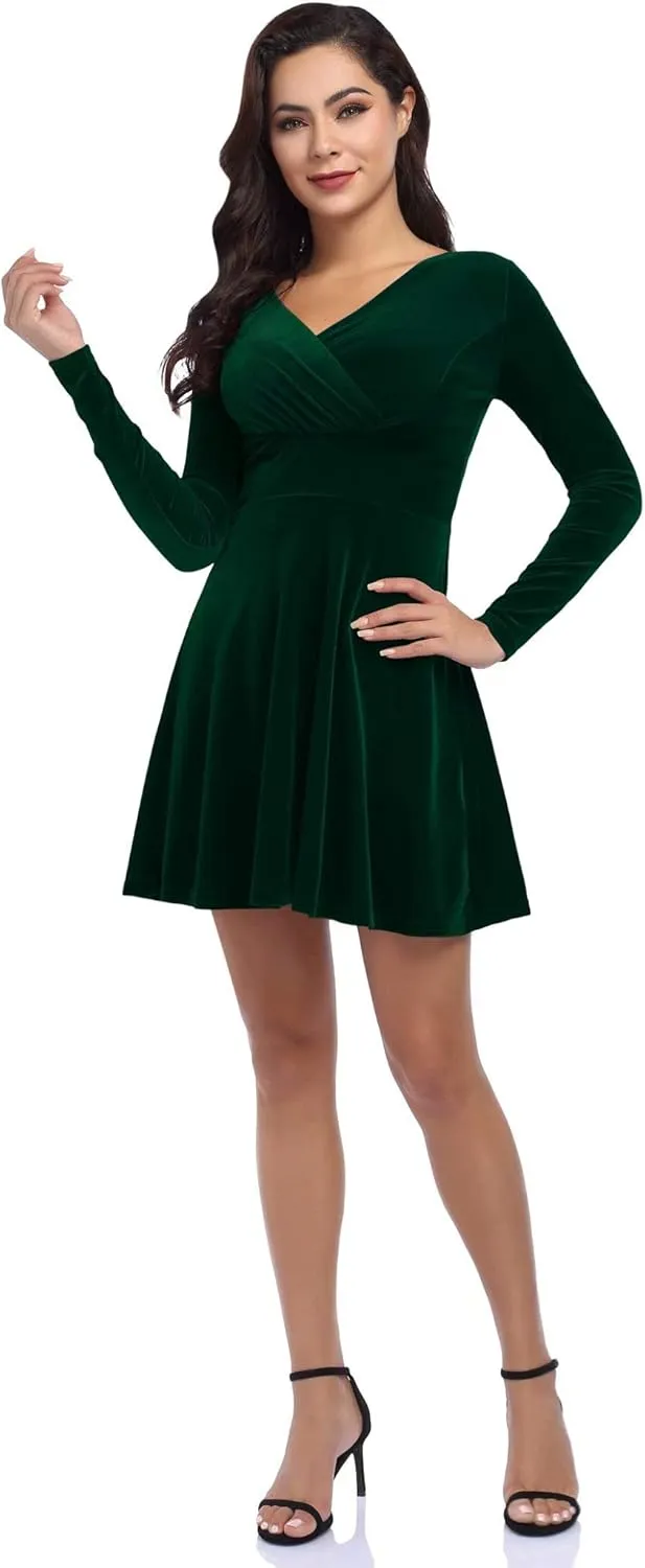 Women's V Neck Velvet Formal Elegant Evening Party Mini Dress