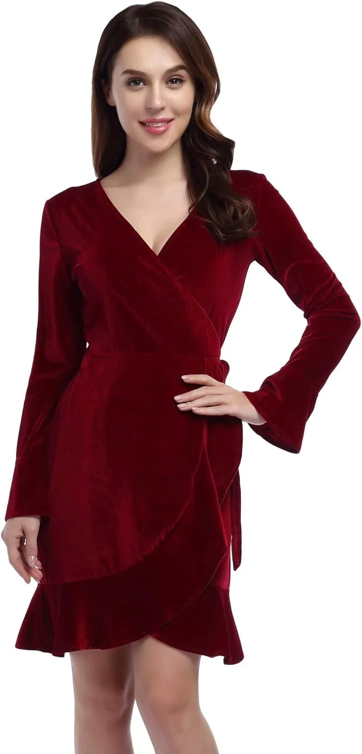 Women's V Neck Velvet Formal Elegant Evening Party Mini Dress