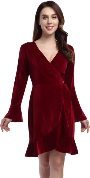 Women's V Neck Velvet Formal Elegant Evening Party Mini Dress