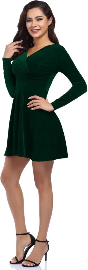 Women's V Neck Velvet Formal Elegant Evening Party Mini Dress