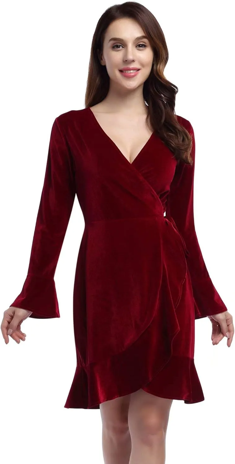 Women's V Neck Velvet Formal Elegant Evening Party Mini Dress