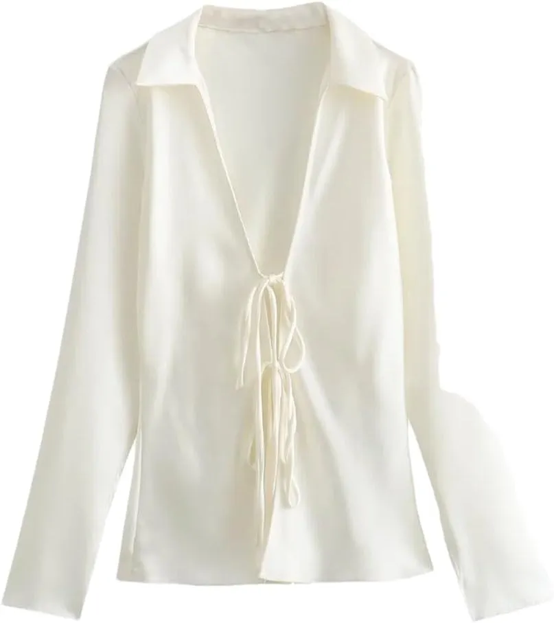 Women's Versatile Slim Bow Decoration Silk Satin Texture Shirt
