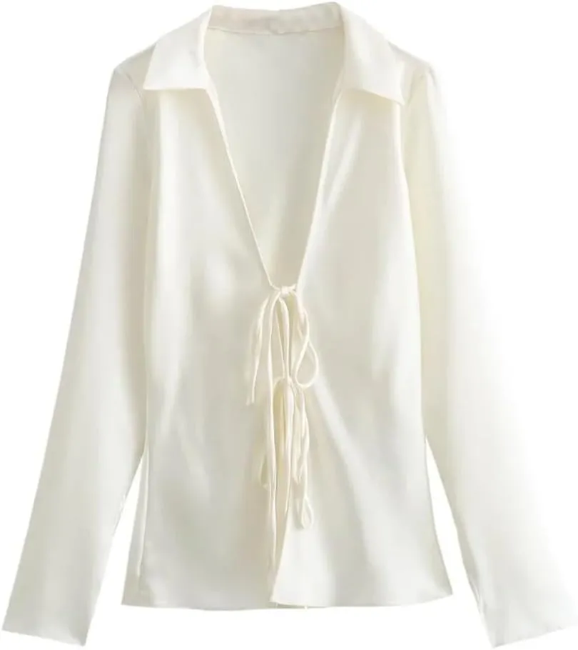 Women's Versatile Slim Bow Decoration Silk Satin Texture Shirt