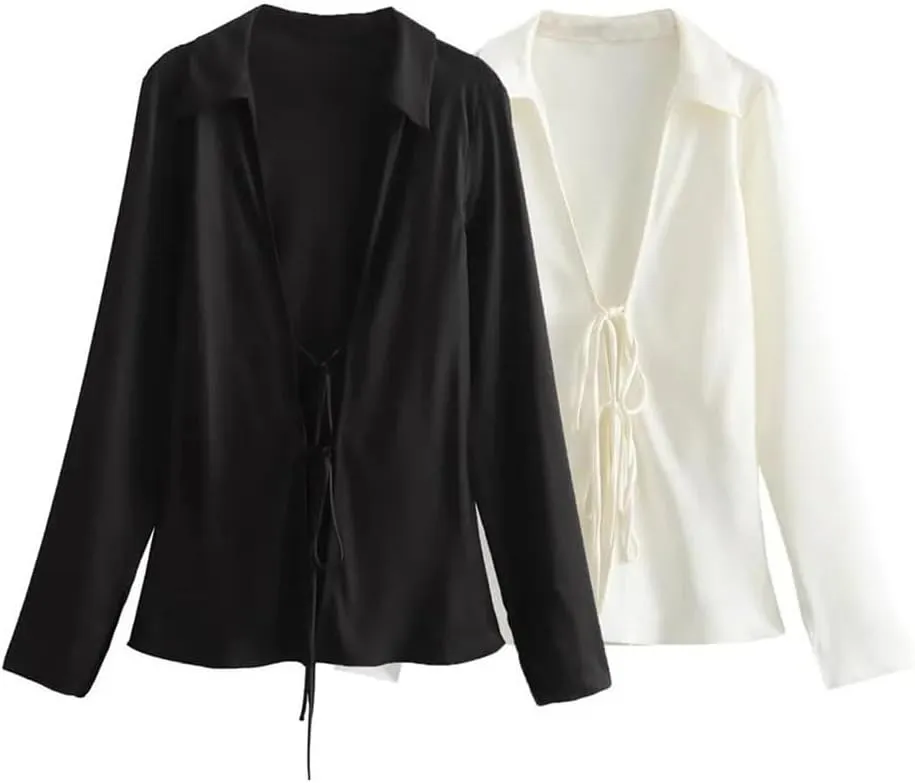 Women's Versatile Slim Bow Decoration Silk Satin Texture Shirt