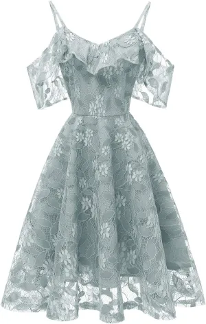 Womens Vintage Lace Floral Wedding Party Dress Short Aline Cocktail Swing Dress