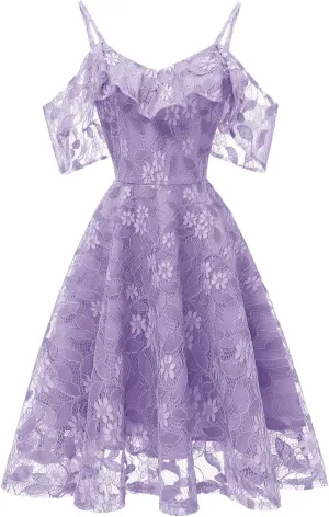 Womens Vintage Lace Floral Wedding Party Dress Short Aline Cocktail Swing Dress