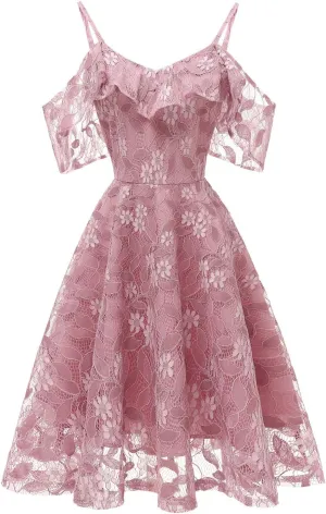 Womens Vintage Lace Floral Wedding Party Dress Short Aline Cocktail Swing Dress