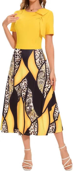 Women's Vintage Tea Dress, Short Sleeve Cocktail Party Dress Work Church Casual Dress