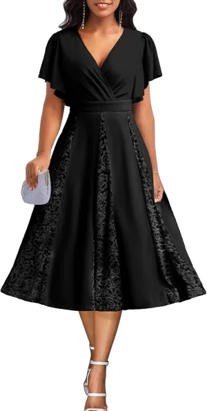 Women's Vintage Tea Dress, Short Sleeve Cocktail Party Dress Work Church Casual Dress