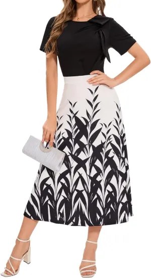 Women's Vintage Tea Dress, Short Sleeve Cocktail Party Dress Work Church Casual Dress