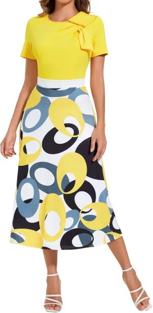 Women's Vintage Tea Dress, Short Sleeve Cocktail Party Dress Work Church Casual Dress