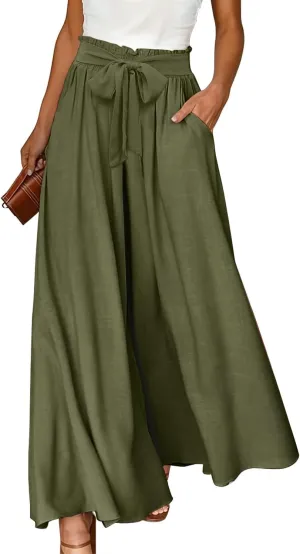 YESNO Women Wide Leg Pants High Waisted Floral Boho Palazzo Culottes Casual Flowy Tie Knot Trousers with Pockets PPS
