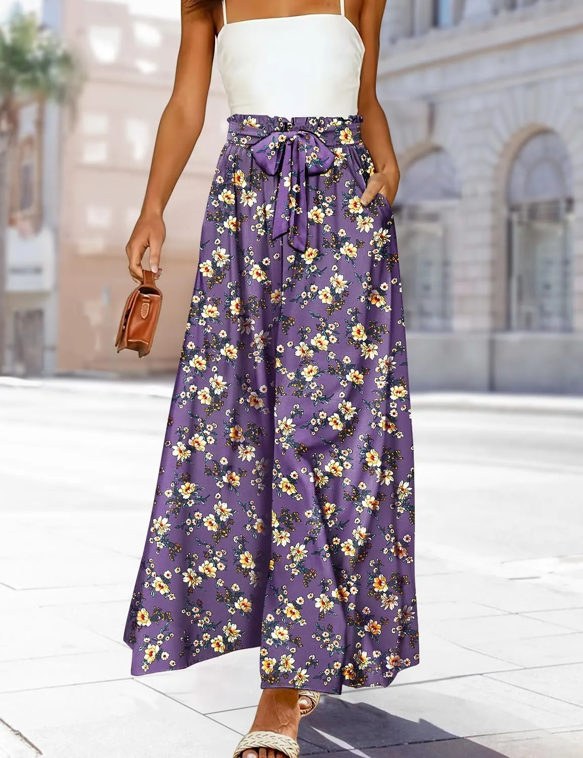 YESNO Women Wide Leg Pants High Waisted Floral Boho Palazzo Culottes Casual Flowy Tie Knot Trousers with Pockets PPS
