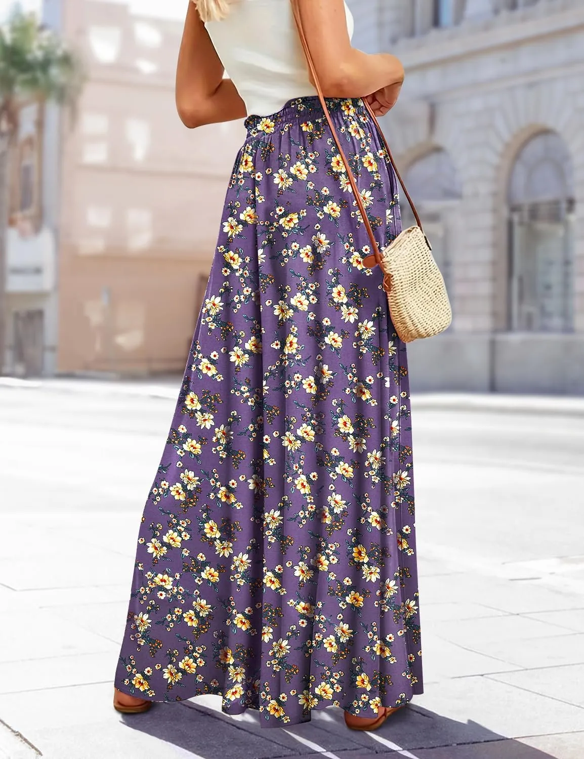 YESNO Women Wide Leg Pants High Waisted Floral Boho Palazzo Culottes Casual Flowy Tie Knot Trousers with Pockets PPS