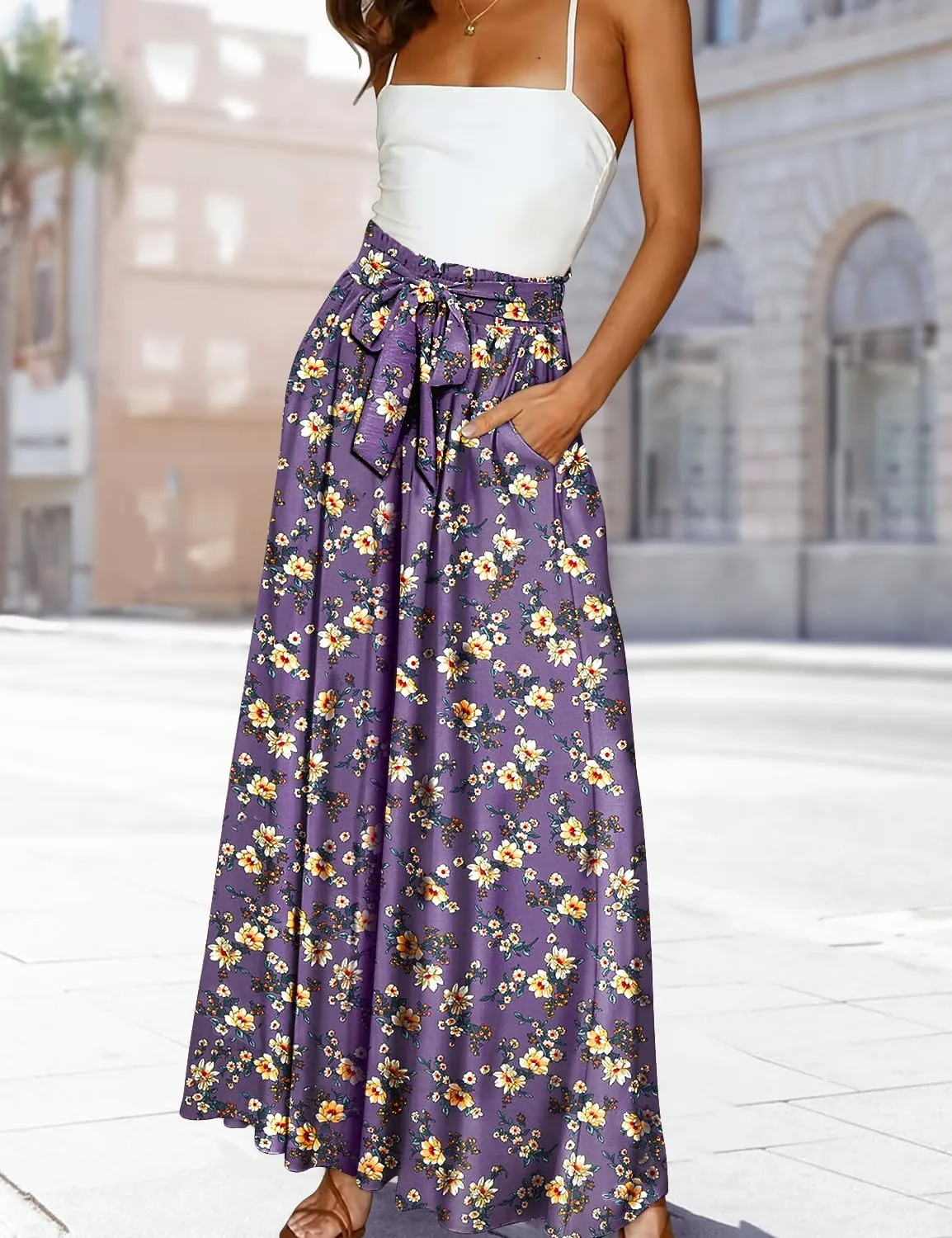 YESNO Women Wide Leg Pants High Waisted Floral Boho Palazzo Culottes Casual Flowy Tie Knot Trousers with Pockets PPS