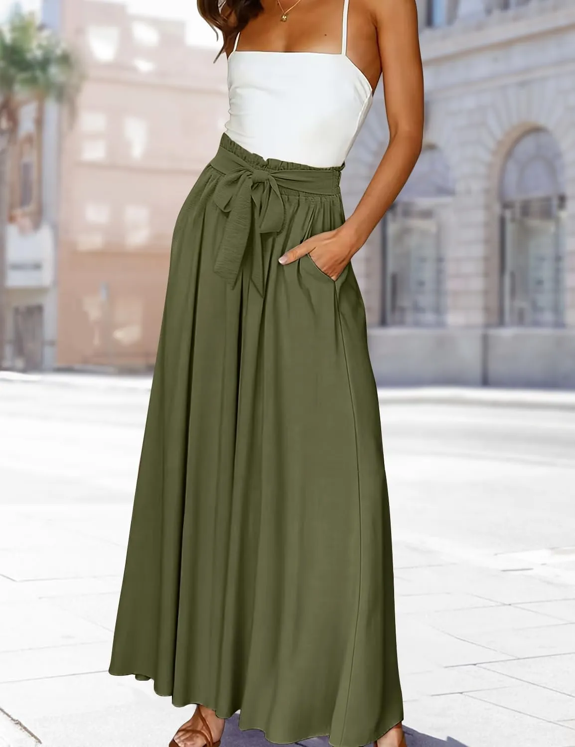 YESNO Women Wide Leg Pants High Waisted Floral Boho Palazzo Culottes Casual Flowy Tie Knot Trousers with Pockets PPS