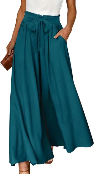 YESNO Women Wide Leg Pants High Waisted Floral Boho Palazzo Culottes Casual Flowy Tie Knot Trousers with Pockets PPS