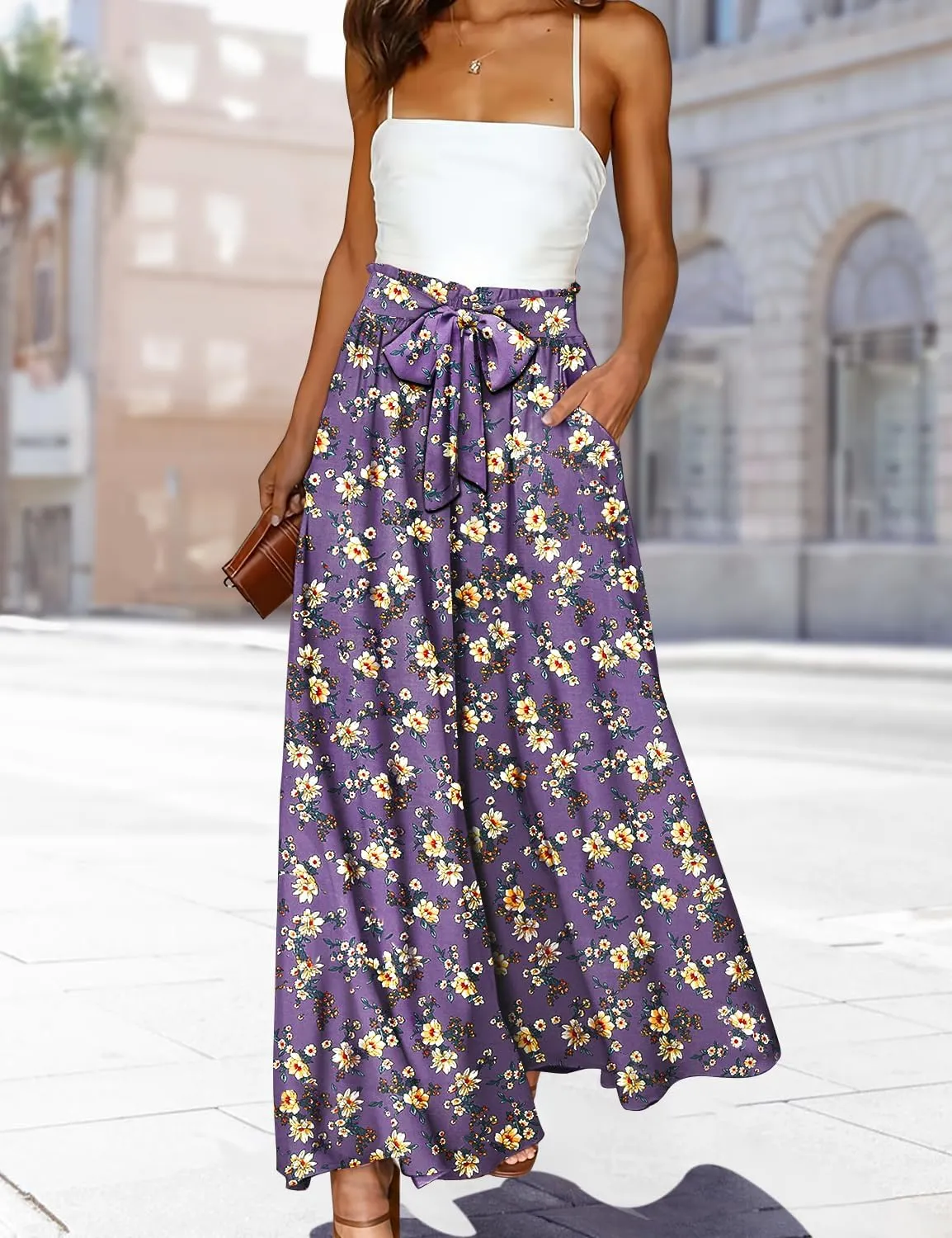 YESNO Women Wide Leg Pants High Waisted Floral Boho Palazzo Culottes Casual Flowy Tie Knot Trousers with Pockets PPS