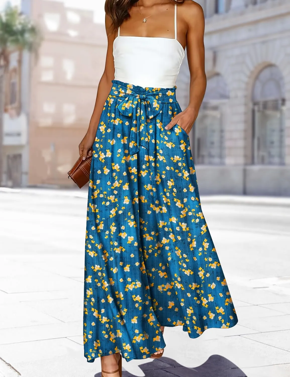 YESNO Women Wide Leg Pants High Waisted Floral Boho Palazzo Culottes Casual Flowy Tie Knot Trousers with Pockets PPS