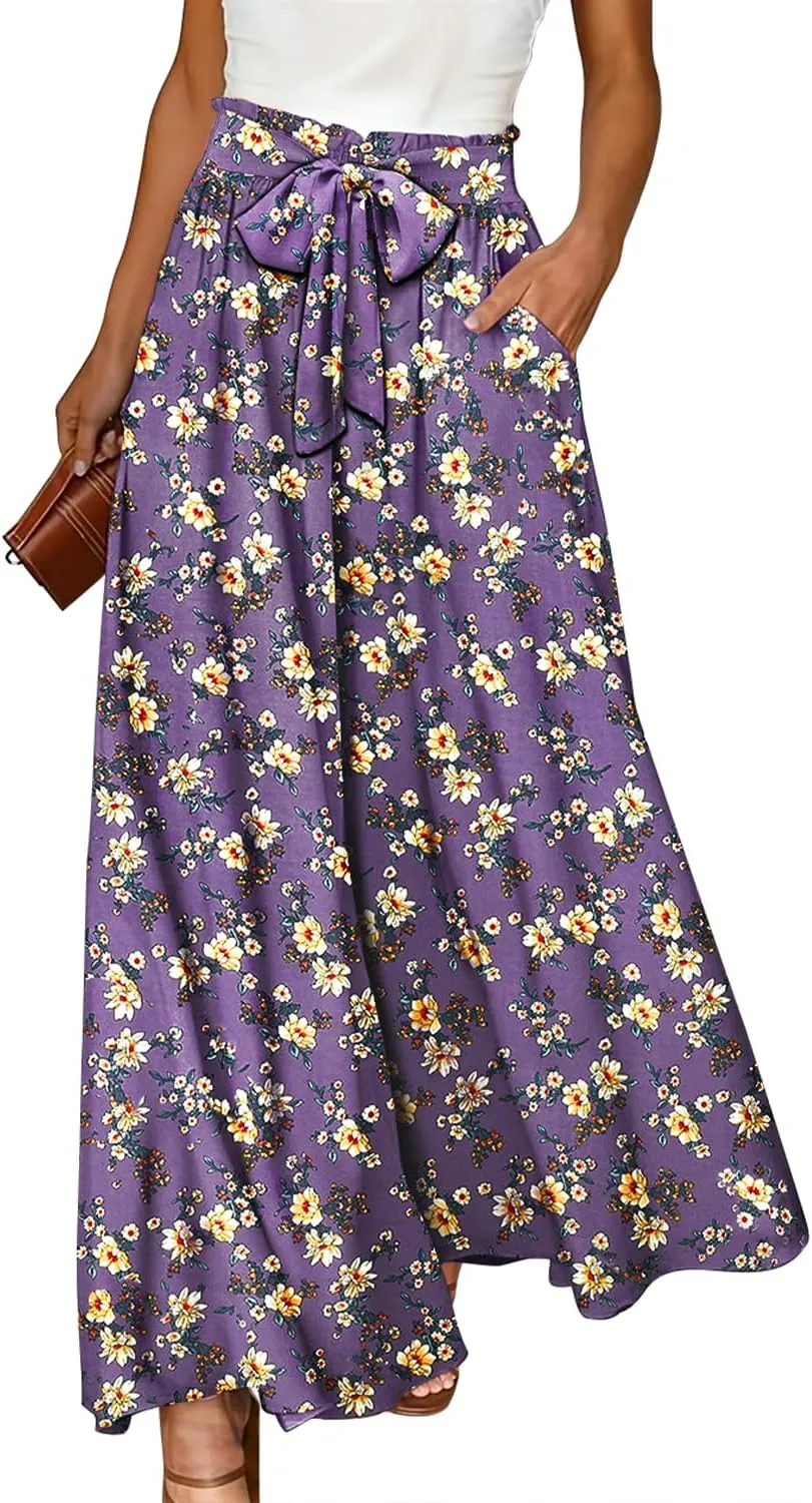 YESNO Women Wide Leg Pants High Waisted Floral Boho Palazzo Culottes Casual Flowy Tie Knot Trousers with Pockets PPS