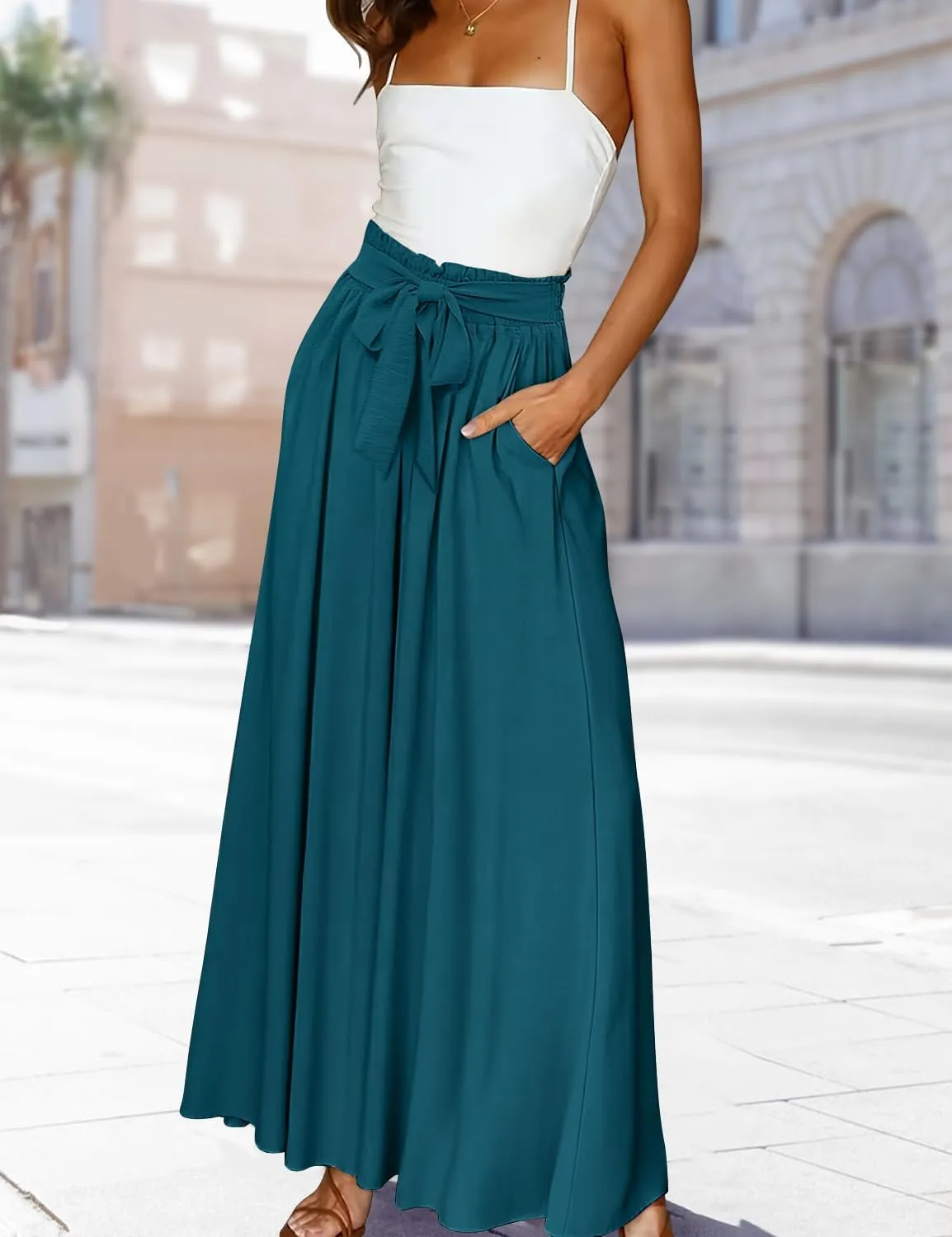 YESNO Women Wide Leg Pants High Waisted Floral Boho Palazzo Culottes Casual Flowy Tie Knot Trousers with Pockets PPS