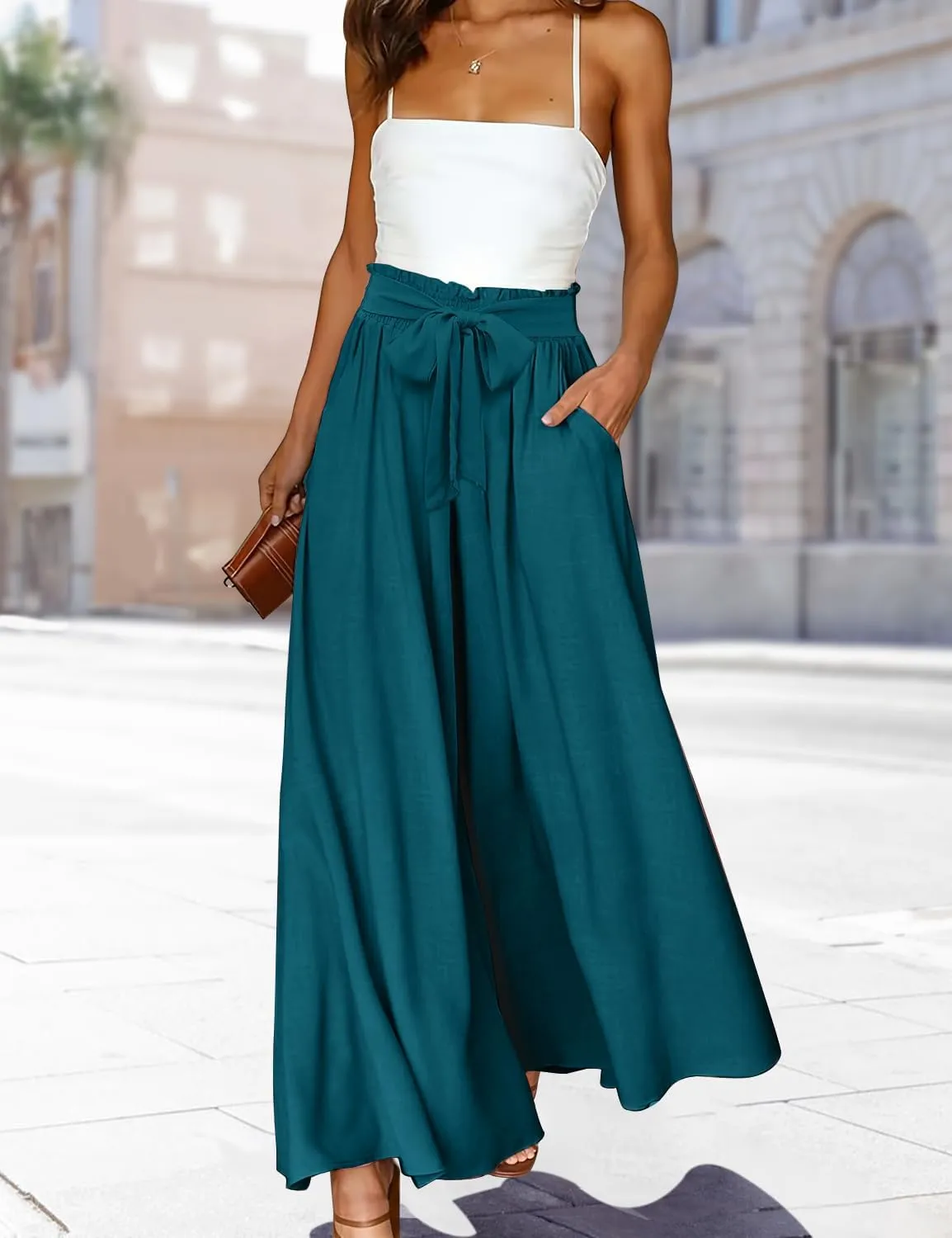YESNO Women Wide Leg Pants High Waisted Floral Boho Palazzo Culottes Casual Flowy Tie Knot Trousers with Pockets PPS