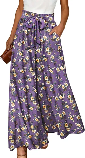 YESNO Women Wide Leg Pants High Waisted Floral Boho Palazzo Culottes Casual Flowy Tie Knot Trousers with Pockets PPS