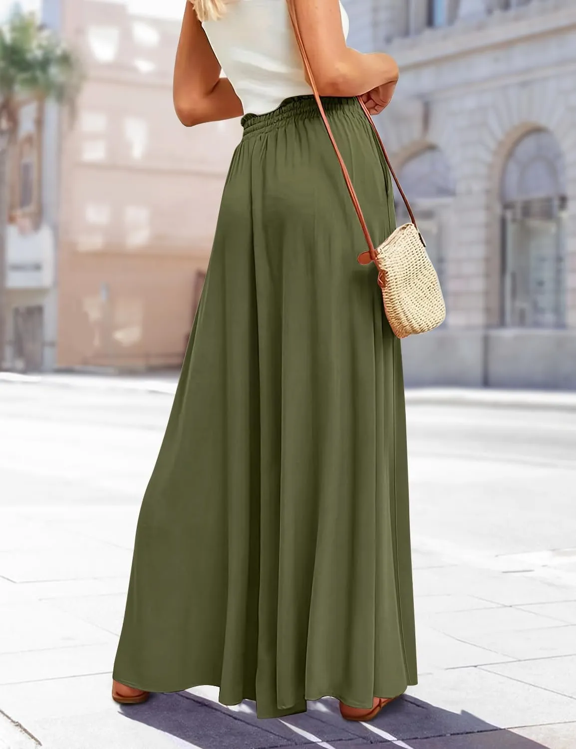 YESNO Women Wide Leg Pants High Waisted Floral Boho Palazzo Culottes Casual Flowy Tie Knot Trousers with Pockets PPS