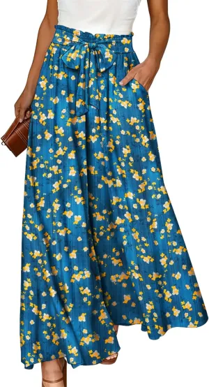 YESNO Women Wide Leg Pants High Waisted Floral Boho Palazzo Culottes Casual Flowy Tie Knot Trousers with Pockets PPS