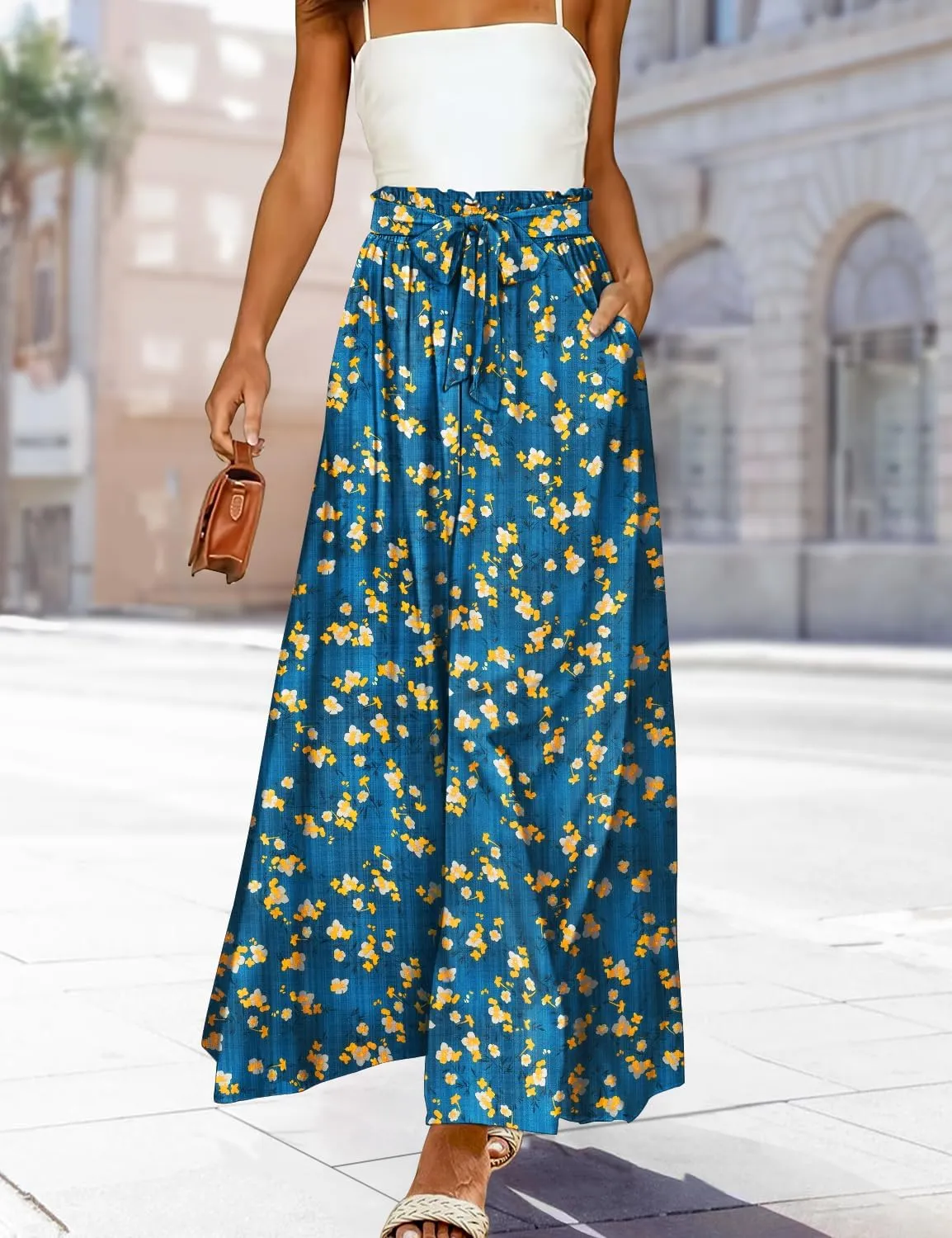 YESNO Women Wide Leg Pants High Waisted Floral Boho Palazzo Culottes Casual Flowy Tie Knot Trousers with Pockets PPS