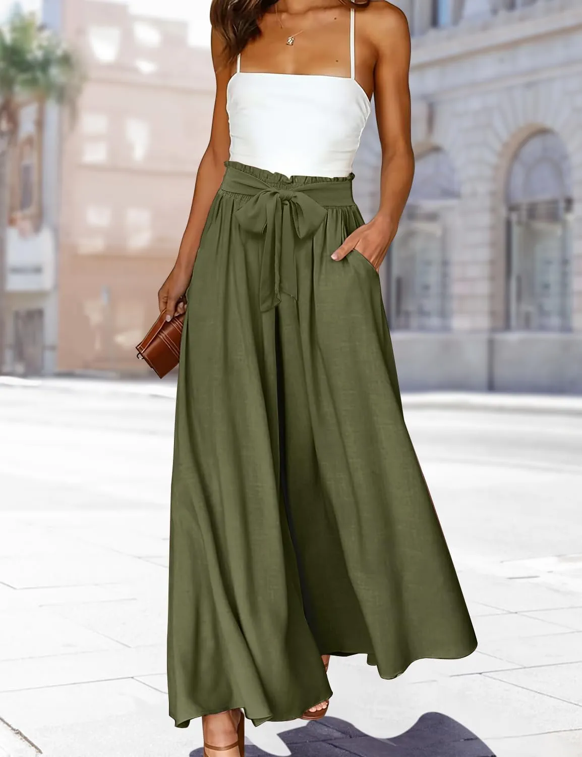 YESNO Women Wide Leg Pants High Waisted Floral Boho Palazzo Culottes Casual Flowy Tie Knot Trousers with Pockets PPS