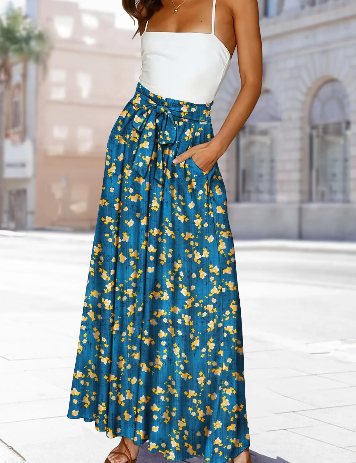 YESNO Women Wide Leg Pants High Waisted Floral Boho Palazzo Culottes Casual Flowy Tie Knot Trousers with Pockets PPS