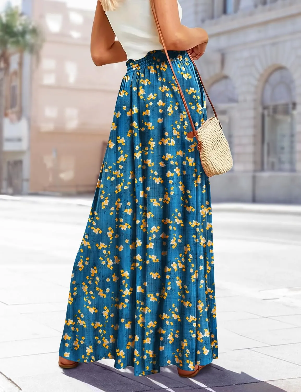 YESNO Women Wide Leg Pants High Waisted Floral Boho Palazzo Culottes Casual Flowy Tie Knot Trousers with Pockets PPS