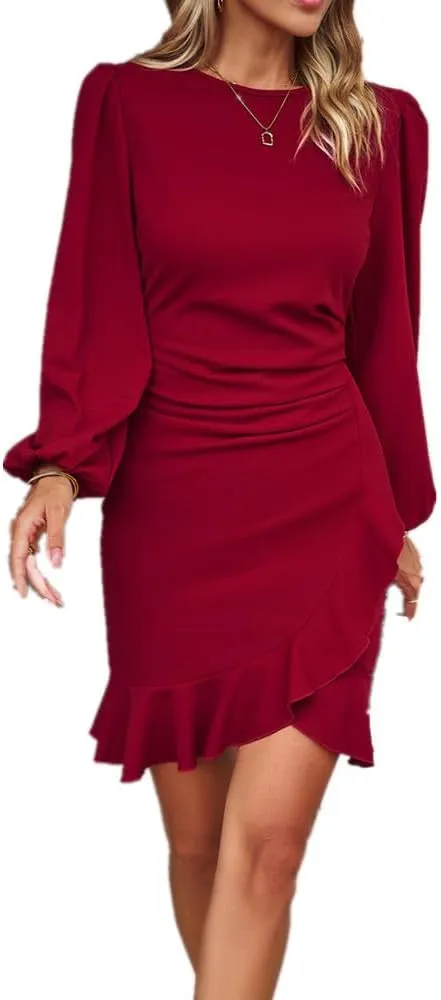 YGJKLIS Women's Round Neck Puff Long Sleeve Midi Dress Elegant Pleated Solid Wrap Dress Wedding Cocktail Party Dress